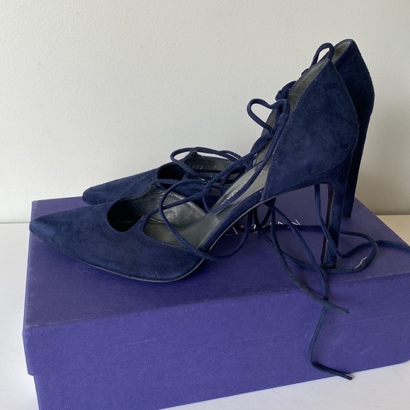 Stuart Weitzman on-a-string blue tie up pointed toe heels - Picture 9 of 13